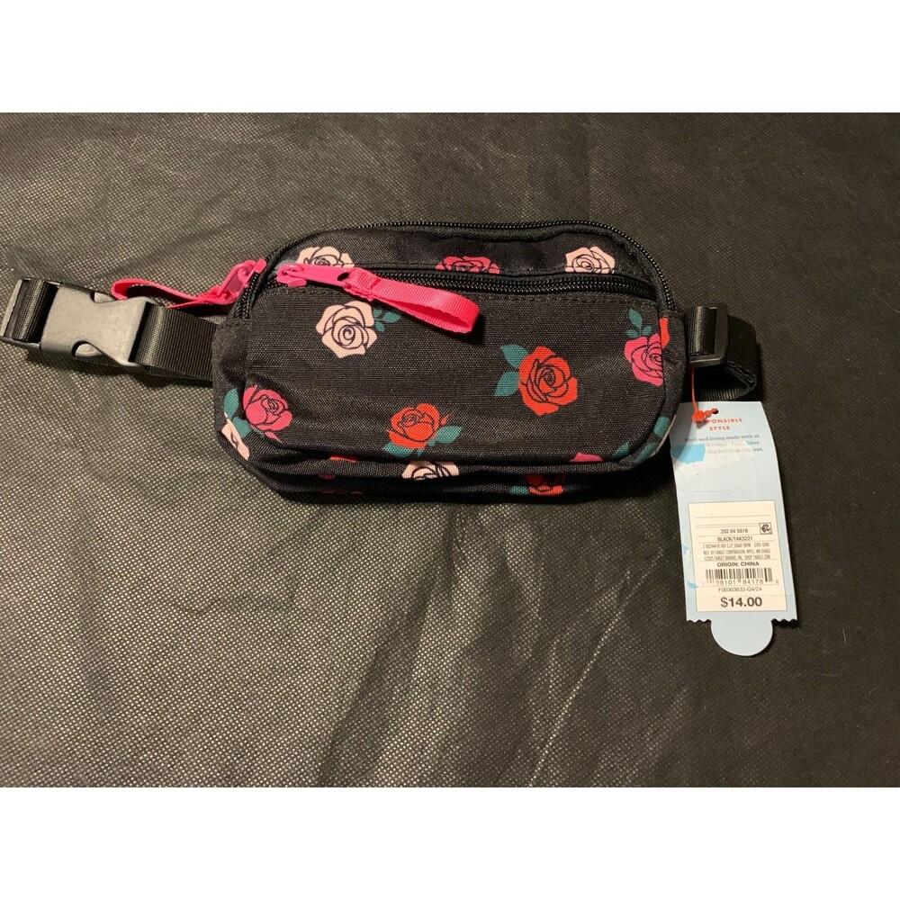 Cat &Jack Kids Fanny Pack Black with Roses NWT
